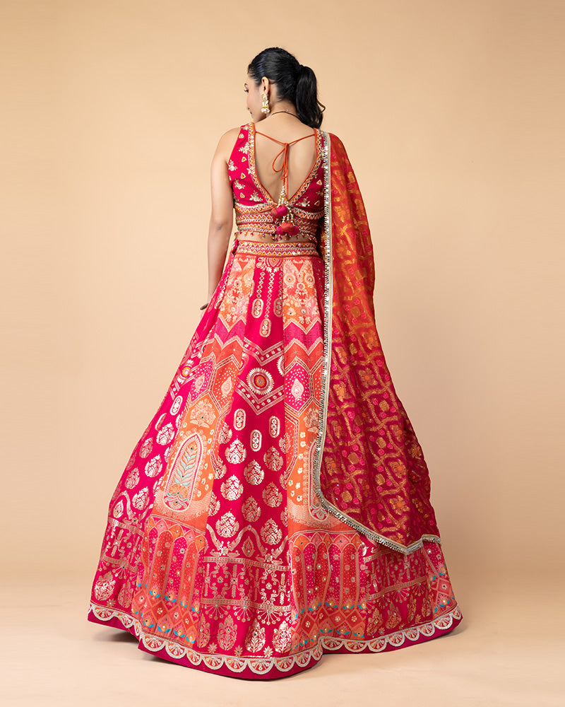 Orange and Pink Hand Embellished Lehenga Choli with Dupatta