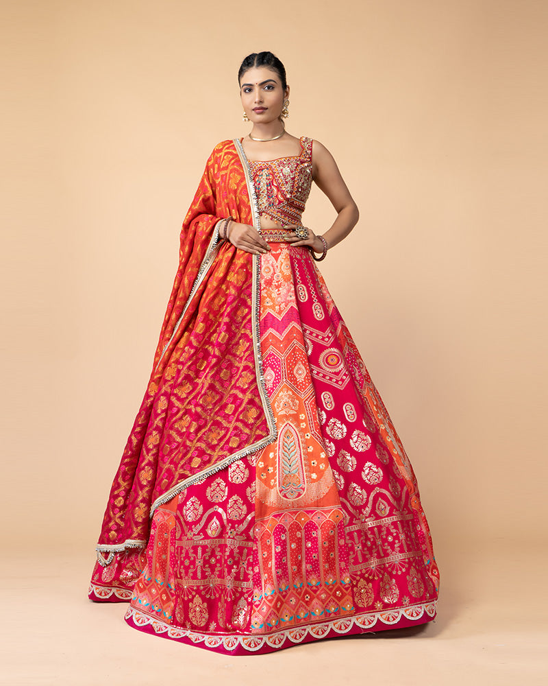 Orange and Pink Hand Embellished Lehenga Choli with Dupatta