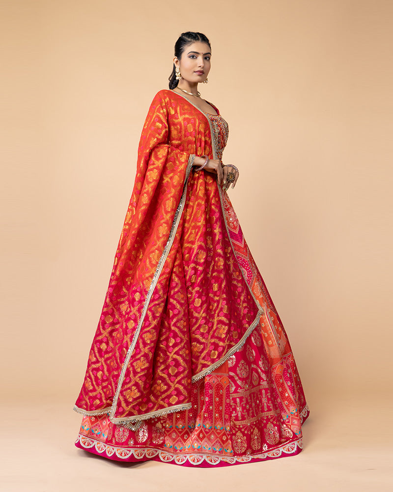 Orange and Pink Hand Embellished Lehenga Choli with Dupatta