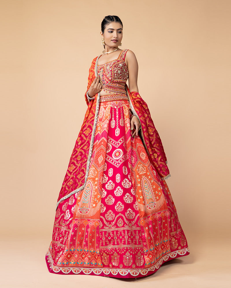 Orange and Pink Hand Embellished Lehenga Choli with Dupatta