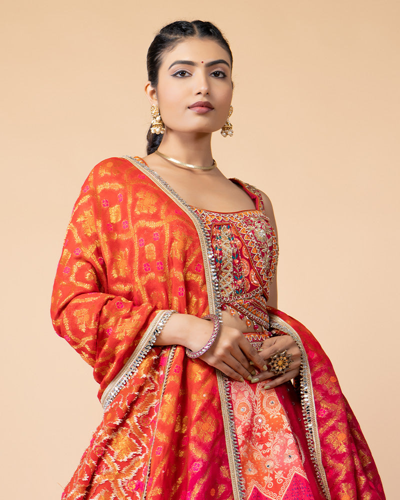 Orange and Pink Hand Embellished Lehenga Choli with Dupatta