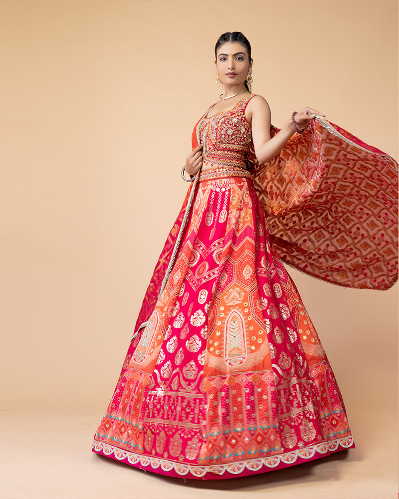 Orange and Pink Hand Embellished Lehenga Choli with Dupatta