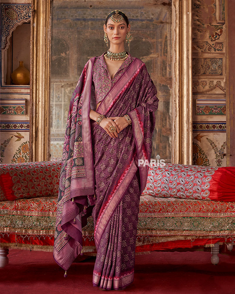 Pansy Purple Printed Silk Saree with Unstitched Blouse 01