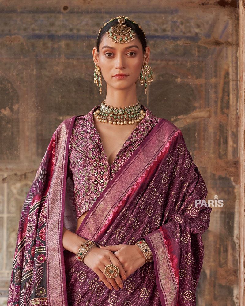Pansy Purple Printed Silk Saree with Unstitched Blouse 02