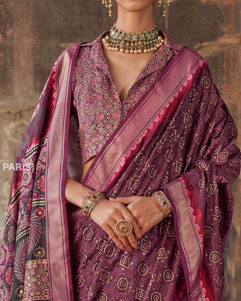 Pansy Purple Printed Silk Saree with Unstitched Blouse 03