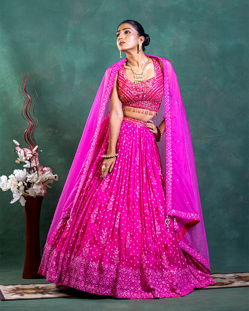 HOT PINK LEHENGA SET WITH HAND-WORKED BLOUSE