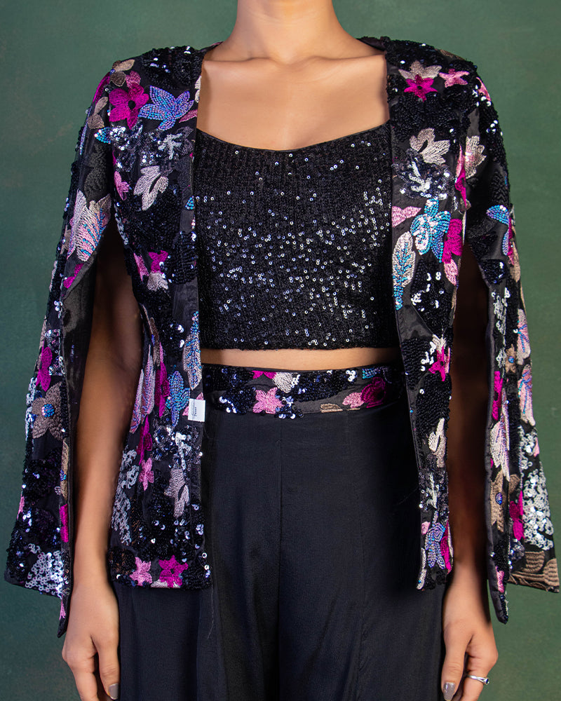 Black Sequins Work Crop Top and Palazzo in Silk with Jacket