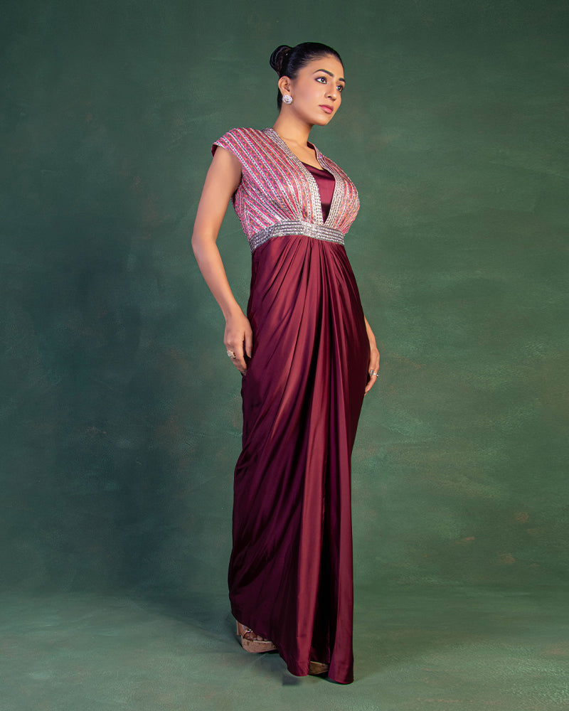 Wine Crepe Embroidery Cutdana And Bead Draped Gown