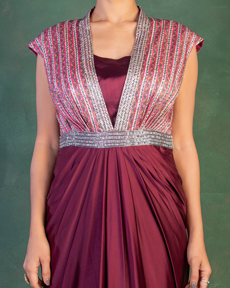 Wine Crepe Embroidery Cutdana And Bead Draped Gown