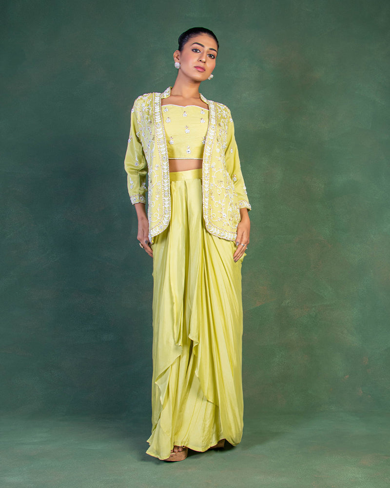 Lite Yellow Jacket With Crop Top And Draped Skirt