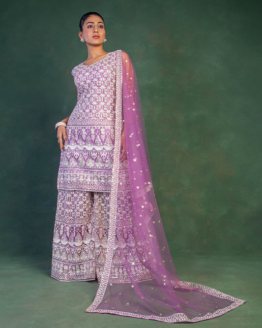 Lilac Silk Sequins Embroidered Kurta Palazzo Set