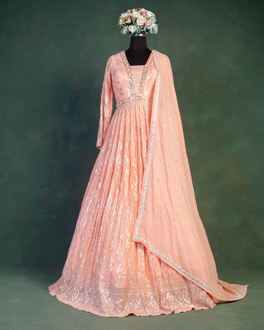 Peach Sequins Embellished Anarkali Suit in Georgette