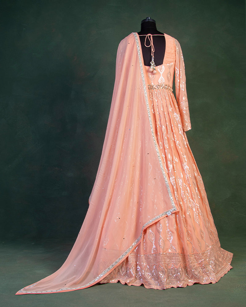 Peach Sequins Embellished Anarkali Suit in Georgette