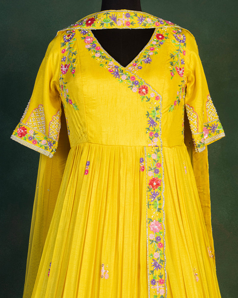Yellow Floral Embellished Anarkali Suit in Georgette