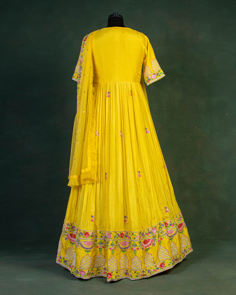 Yellow Floral Embellished Anarkali Suit in Georgette