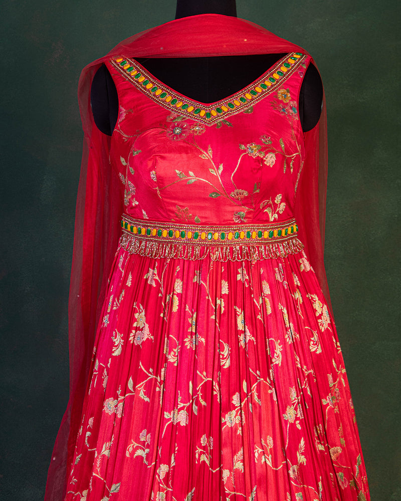 Red Floral Silk Embellished Anarkali Suit