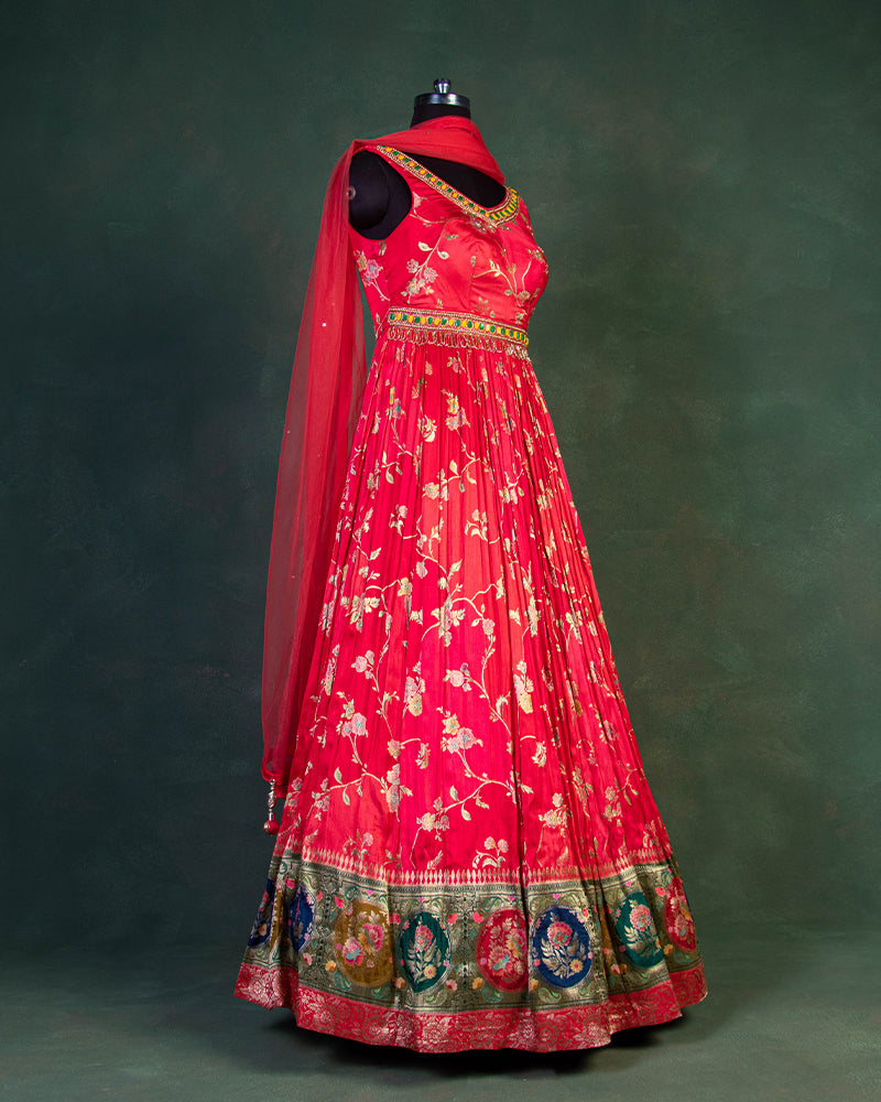 Red Floral Silk Embellished Anarkali Suit
