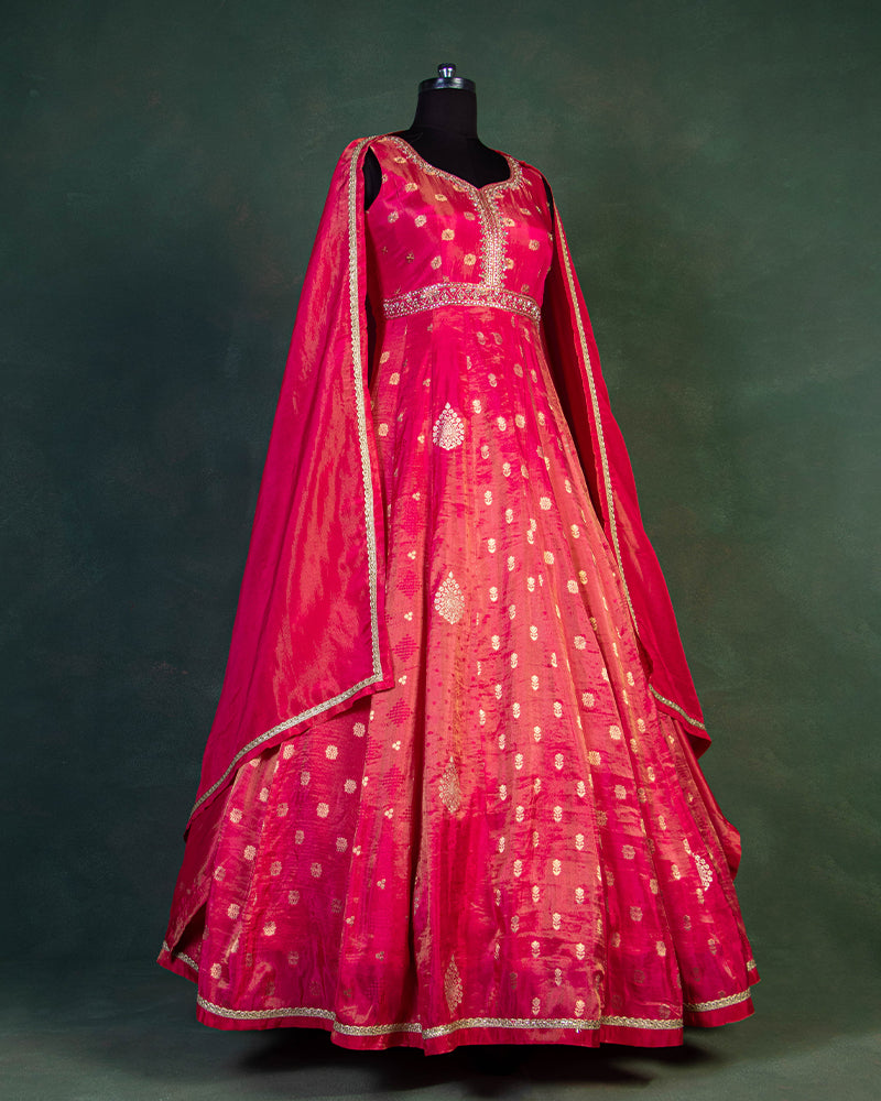 Hot Pink Anarkali Suit With Weaved Buttis