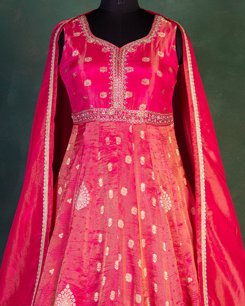 Hot Pink Anarkali Suit With Weaved Buttis