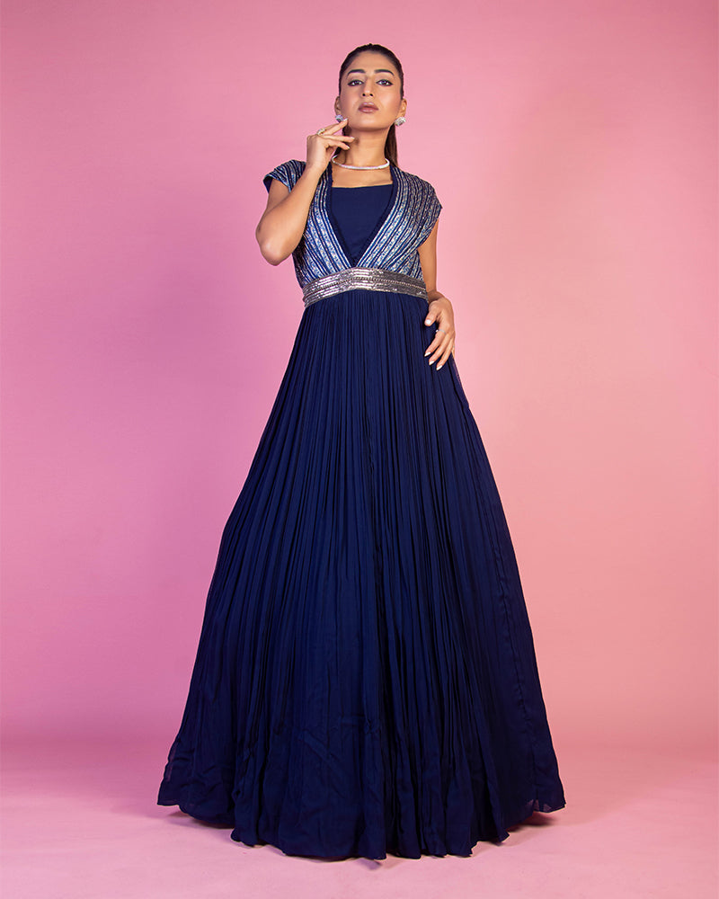 Navy Blue Heavy Georgette With Crush Work Gown