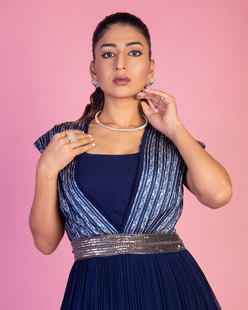 Navy Blue Heavy Georgette With Crush Work Gown