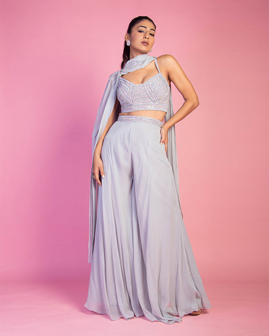 Lite Grey Embroidered Crop top and Palazzo with Dupatta