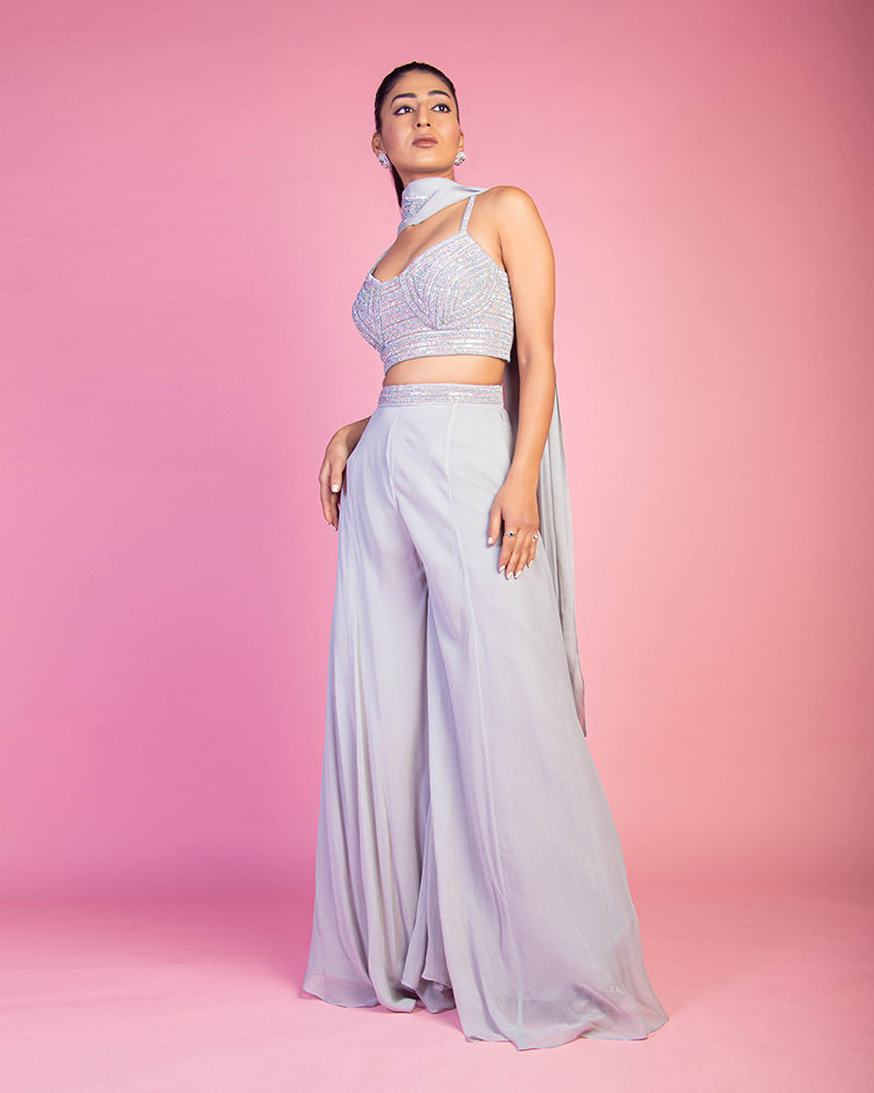 Lite Grey Embroidered Crop top and Palazzo with Dupatta