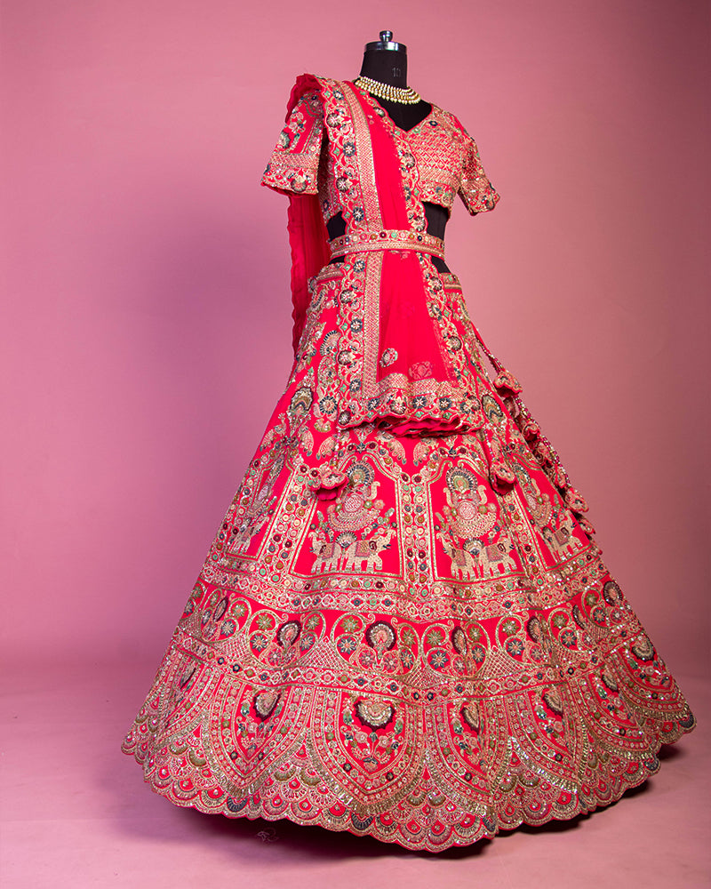 Designer Cherry Red Bridal Lehenga Choli In Raw Silk