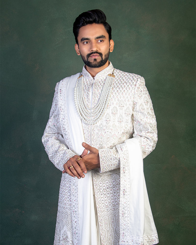 White Jacket Style Sherwani with Dupatta for Groom