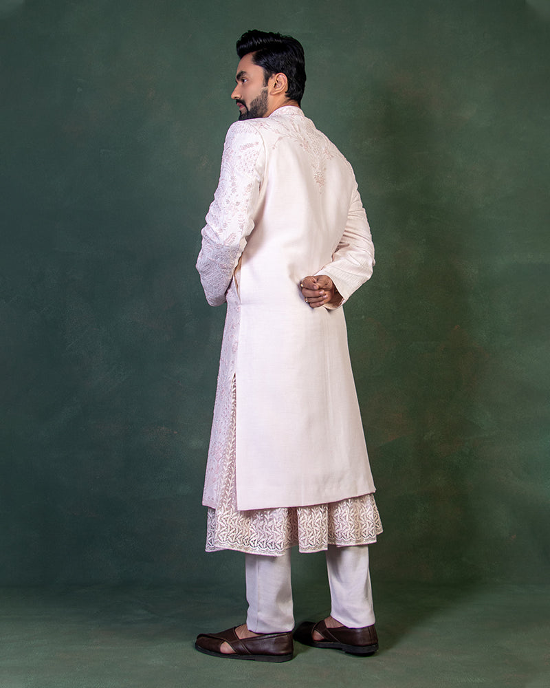 Baby Pink Shade Sherwani with Jacket and Dupatta for Wedding Groom