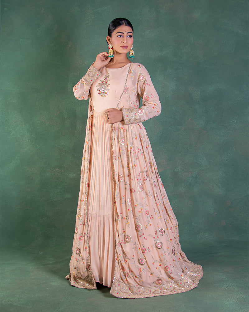 Peach Anarkali Suit In Crush Silk With Embroidered Jacket