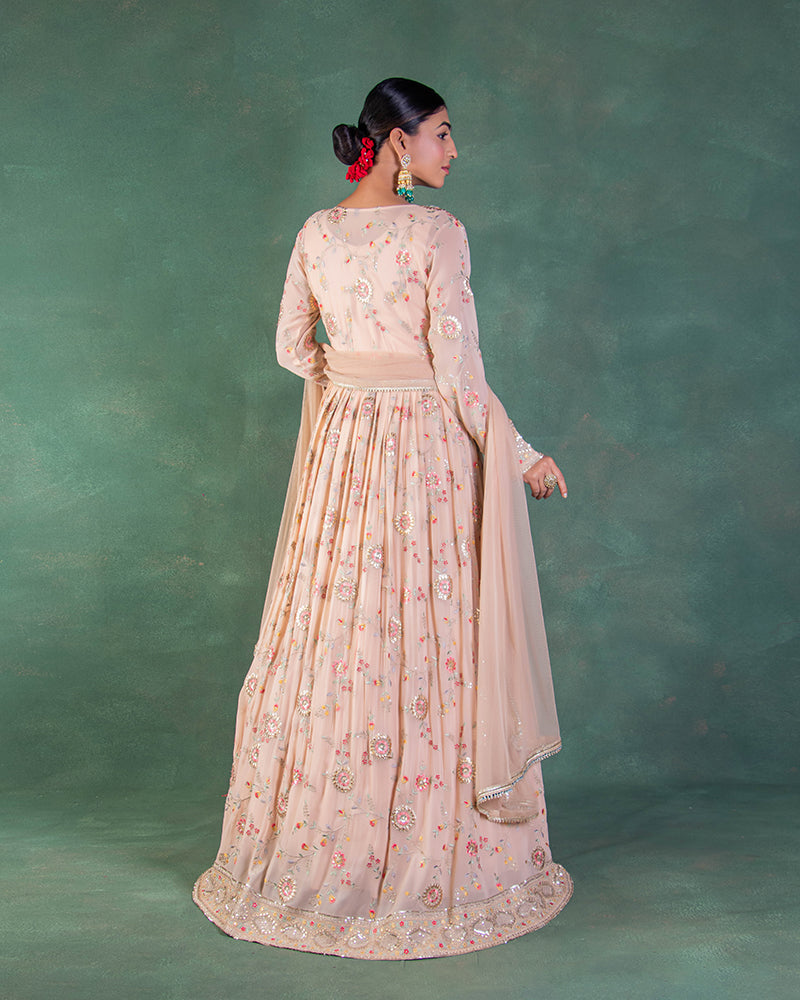 Peach Anarkali Suit In Crush Silk With Embroidered Jacket