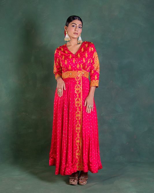Red Cotton Silk Anarkali Suit With Floral Yellow Dupatta