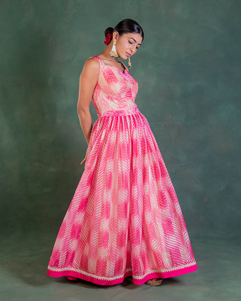 Pink Raw Silk And Shimmer Georgette Embroidered Gown
