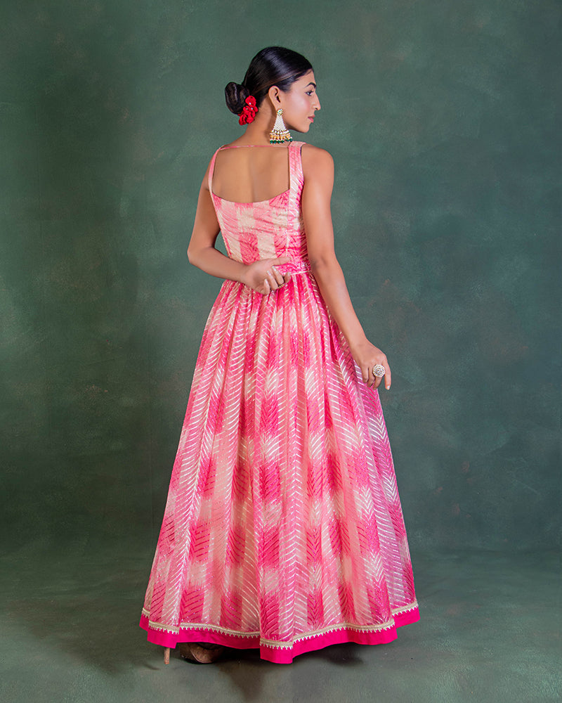 Pink Raw Silk And Shimmer Georgette Embroidered Gown