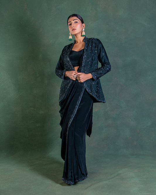 Ready to Wear Peacock Blue Saree with Designer Jacket