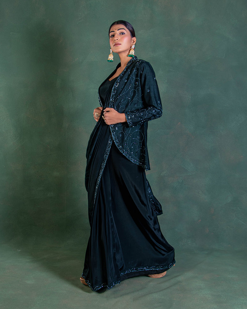 Ready to Wear Peacock Blue Saree with Designer Jacket