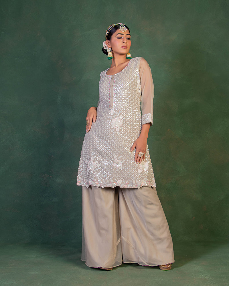 Beige Embroidered Sequins Kurta Palazzo Set