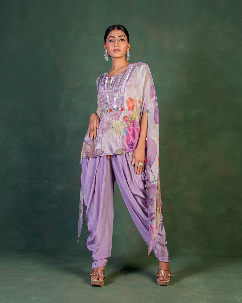 lilac Cotton Flex Flared Kurta With Gathered Dhoti Pants