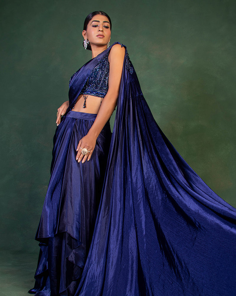 Navy Blue Crop Top With Attached Dupatta And Draped Skirt