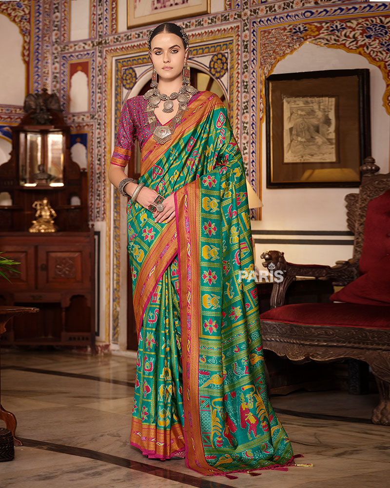 Parrot Green Printed Patola Silk Saree with Unstitched Blouse 01