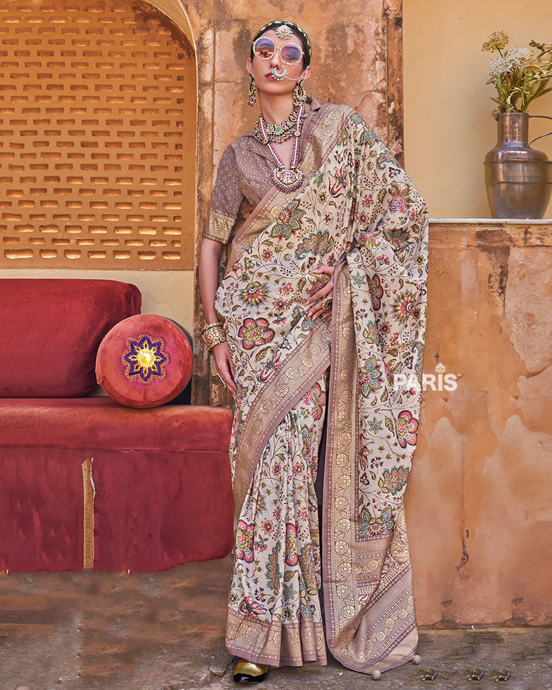 Pastel Cream Floral Printed Silk Saree with Unstitched Blouse 01