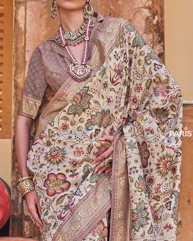 Pastel Cream Floral Printed Silk Saree with Unstitched Blouse 03