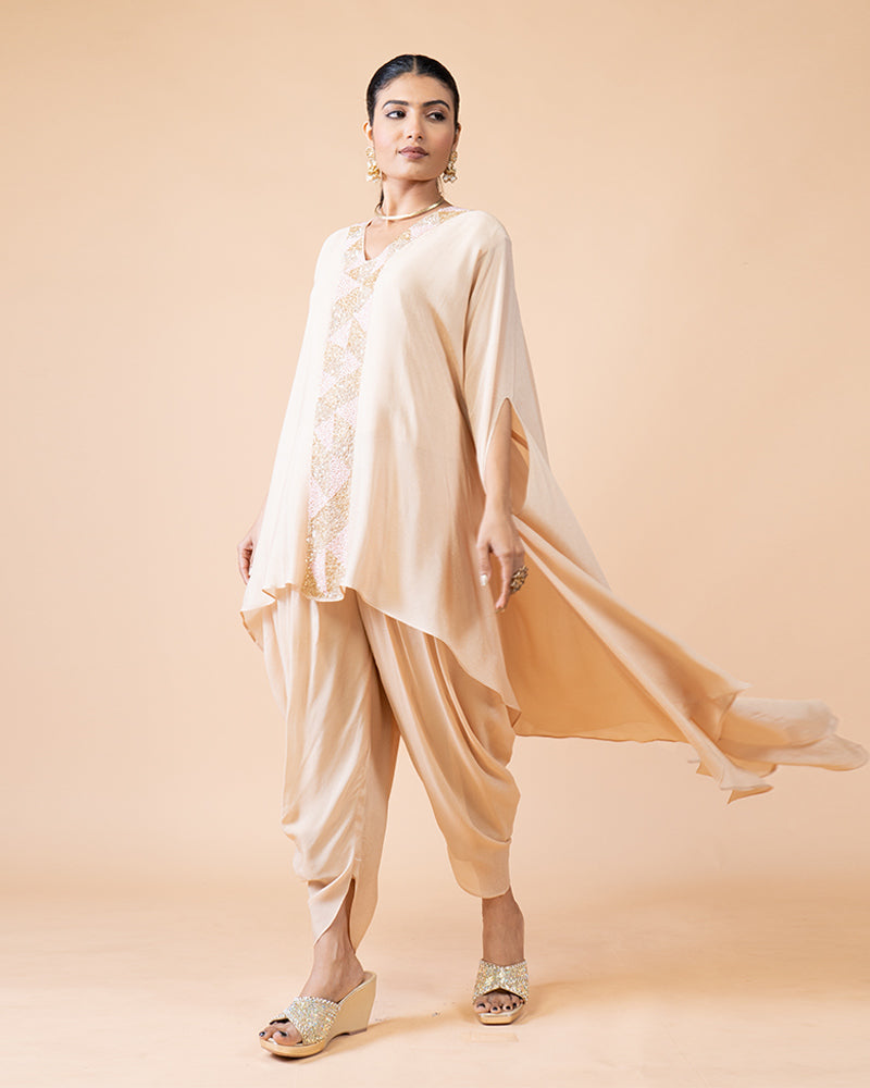 Peach Cut-Sleeve Top Paired with Dhoti Pants