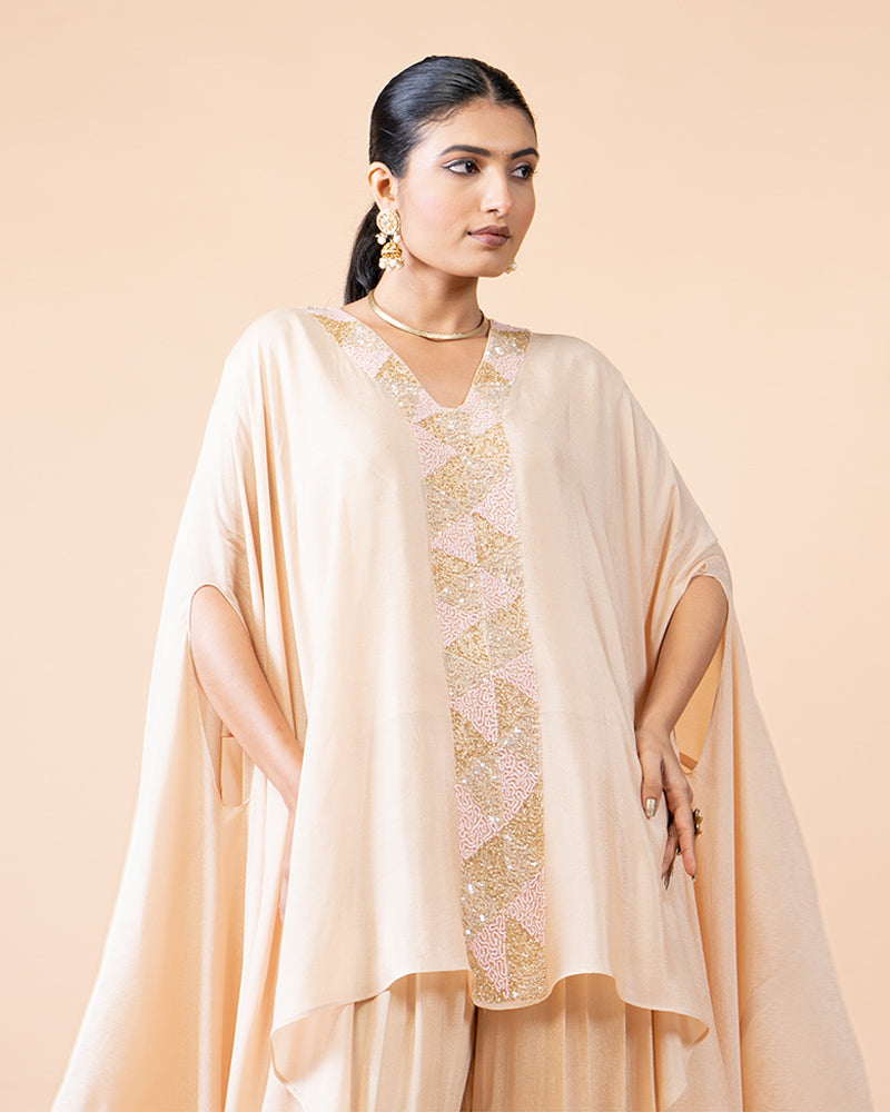 Peach Cut-Sleeve Top Paired with Dhoti Pants