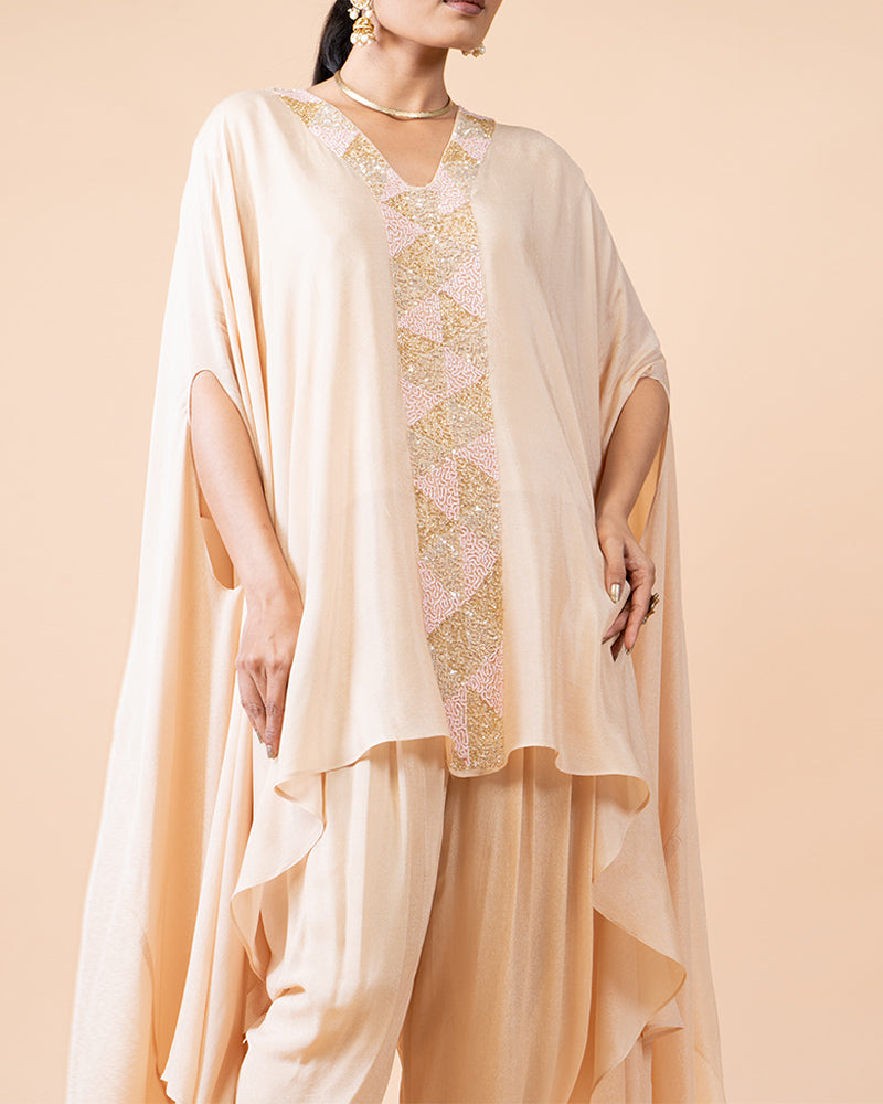 Peach Cut-Sleeve Top Paired with Dhoti Pants