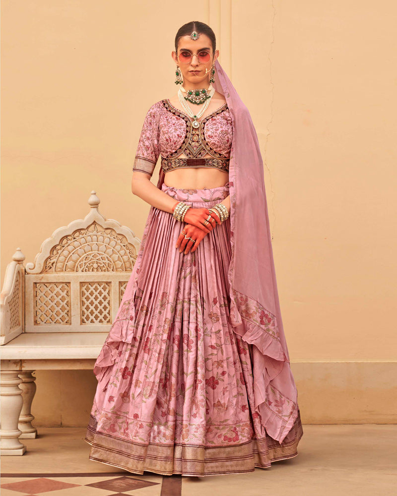 Peach Floral Printed Lehenga Set and Men Indowestern Kurta Set