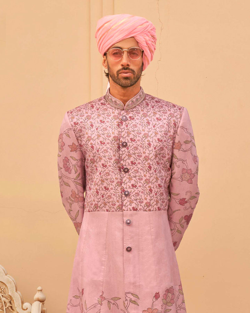 Peach Floral Printed Lehenga Set and Men Indowestern Kurta Set