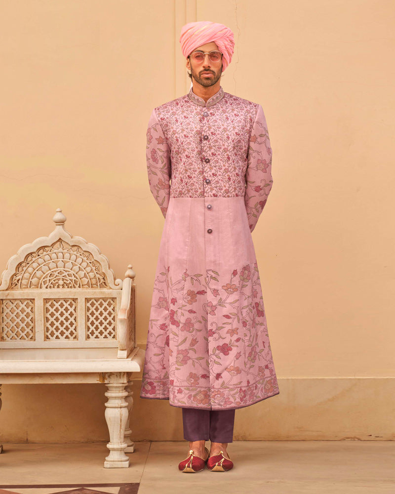 Peach Floral Printed Lehenga Set and Men Indowestern Kurta Set