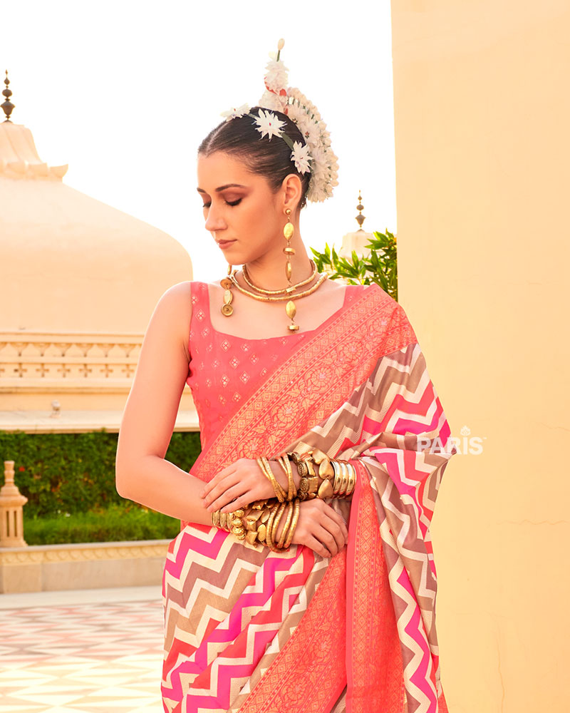 Peach Printed Silk Saree with Unstitched Blouse 02